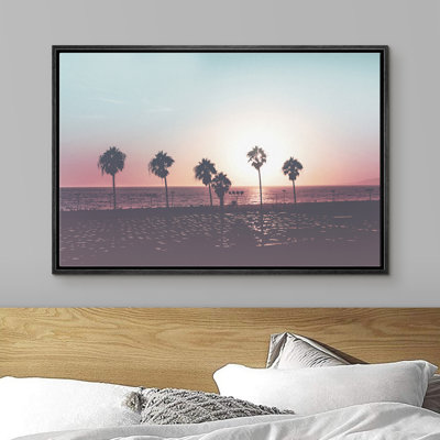 Signature, reproduction d'art sur toile encadrée, palmiers sur la plage au coucher du soleil, océan, photographie, art moderne, nautique, paysage, coloré, multicolore pour le salon, la chambre à coucher, le bureau