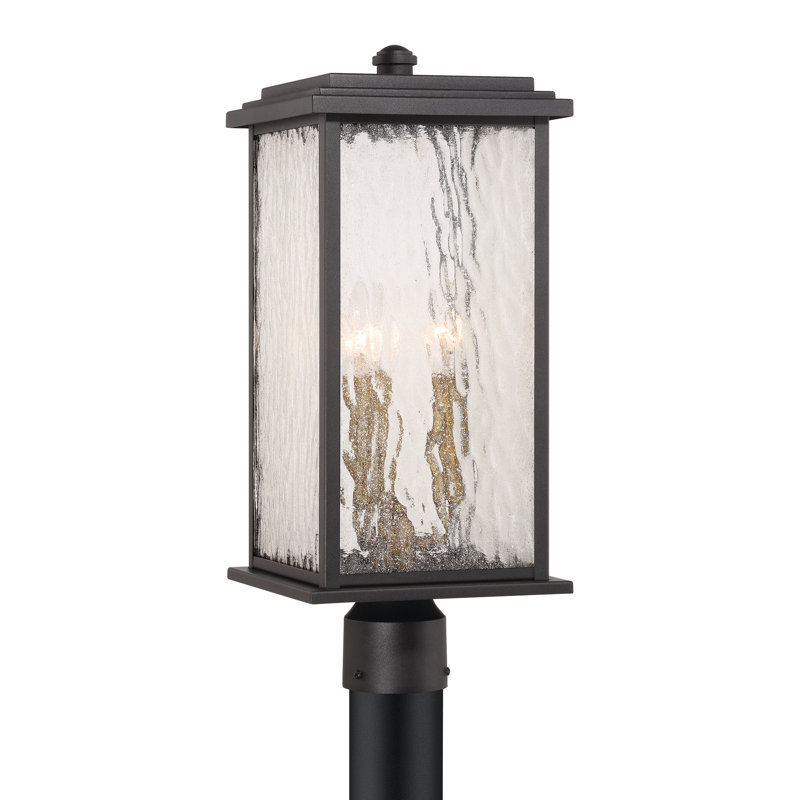 Riam - 3-Light Outdoor Post-Light - Black with Brass Accent - Rain Glassware Shade