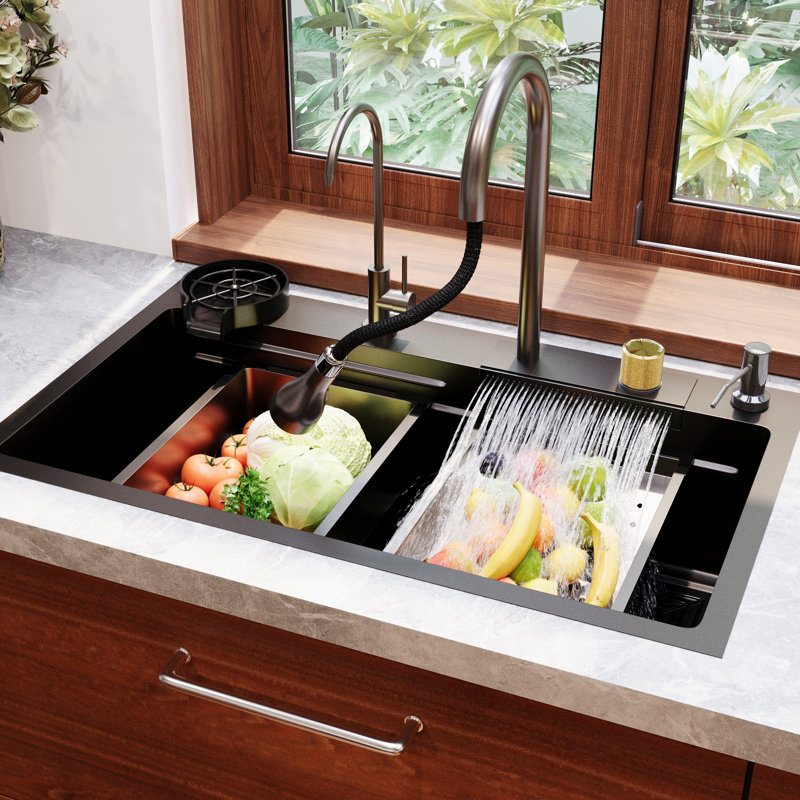 30" Black Stainless Steel Drop-In Single Bowl Kitchen Sink Workstation