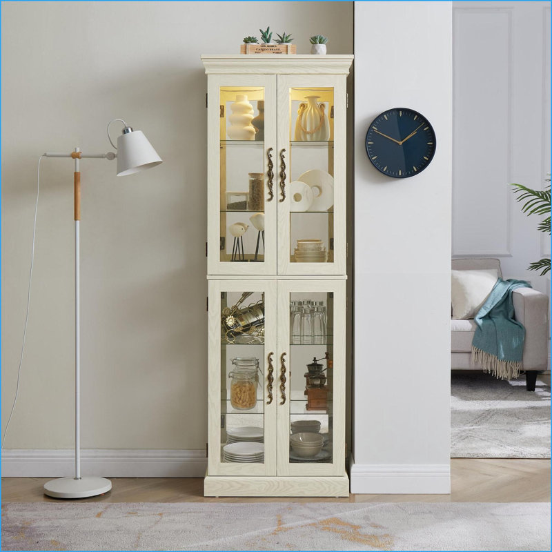 Cabinets Lighted Glass Curio with Antique White Wood Frame, Adjustable Shelves, Bulb Included | Shabby Chic | Living Room