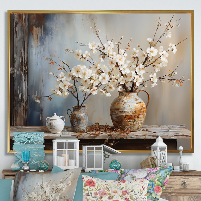 Art mural, poterie et fleurs, H 24 po x l 32 po x P 1 po, Cadre flottant doré