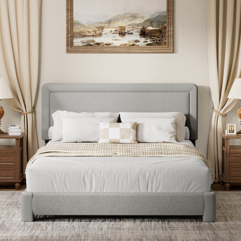 Boucle Bed Frame,Upholstered Bed Frame With Headboard, Surface Cover Soft Cloud Bed Frame Easy Assembly, No Box Spring Required