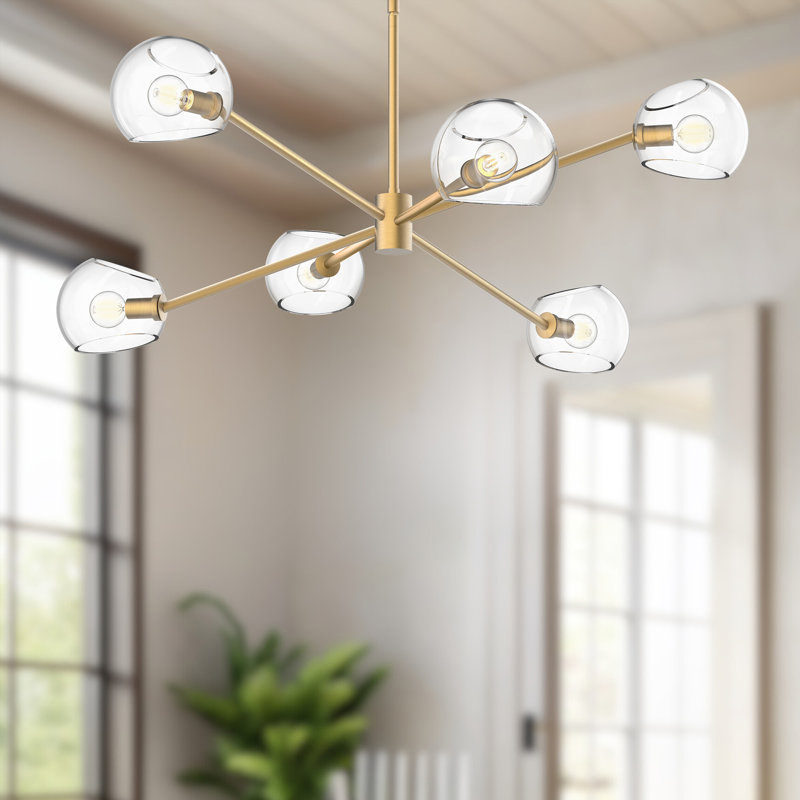 Willow 6 - Light Sputnik Modern Linear Chandelier, Brushed Gold, Clear