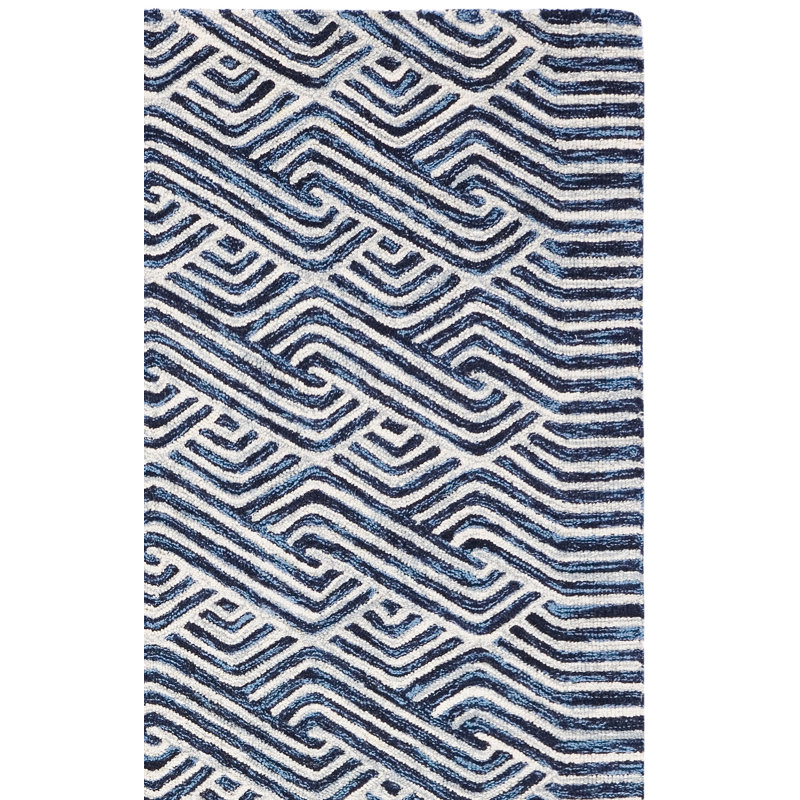 Tapis géométrique en laine / coton touffeté à la main bleu foncé / ivoire Emmett, Rectangle 9 pi x 12 pi