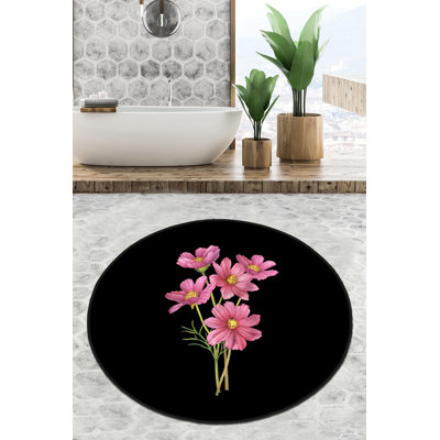 Luxurious Bathmat, 100% Polyester, 47.2 in Diameter | 700 g/m², 0.4 in Pile Height | Antibacterial, Non-Slip Underside, Machine Washable at 30°C | Chic Black, Pink & Green Color Combination, Perfect for Modern Bathrooms