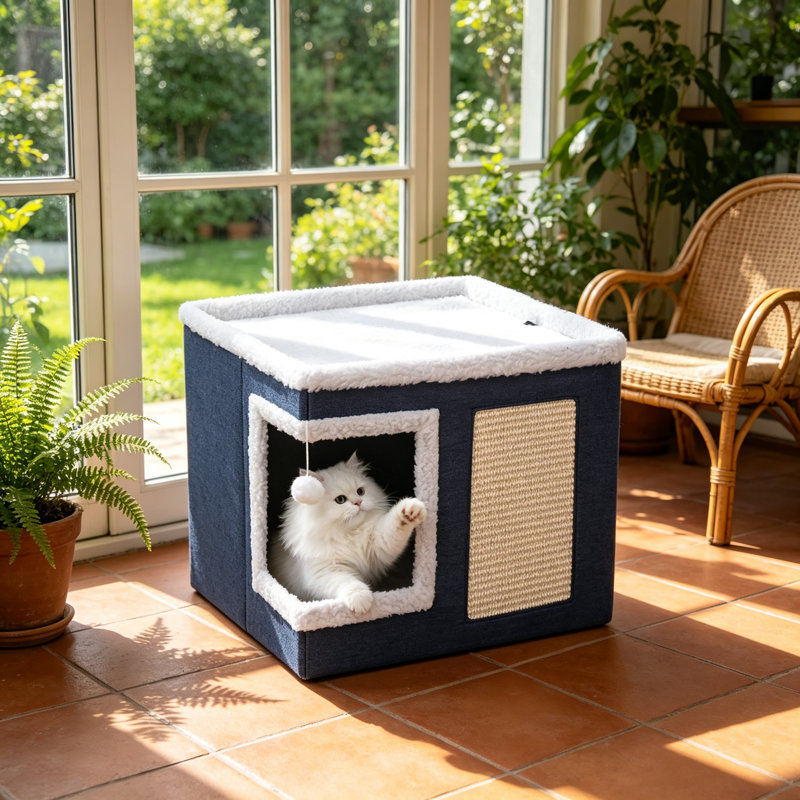 Habitation pour chat pliable avec patin à griffer, maison de refuge pour chat confortable avec dessus moelleux, Navy