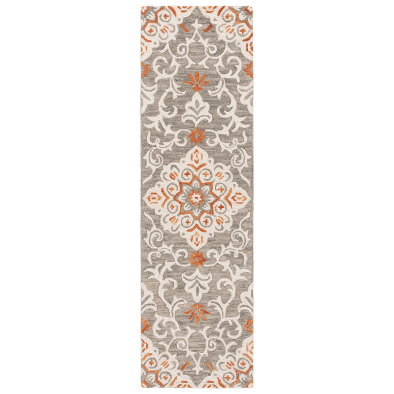 Oltiana Hand Tufted Wool/Cotton Floral Rug in Rust/White/Gray, Runner 2'3" x 8'