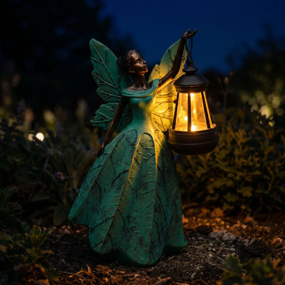 Solar Fairy Garden Statue with LED Lantern, Resin Outdoor Patio Decor