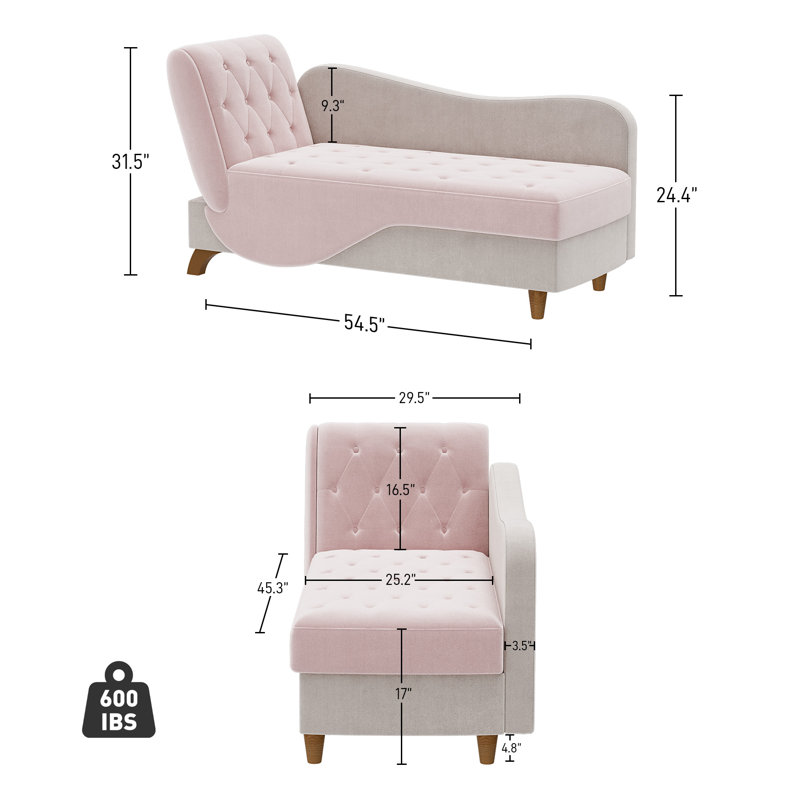 Pink and Gray Velvet Upholstered Chaise Lounge with Storage