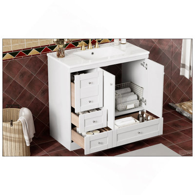 36 inch Shaker Style Free-Standing Bathroom Vanity Cabinet with Ceramic Sink, 4 Soft-close Drawers and 2 Soft-close doors