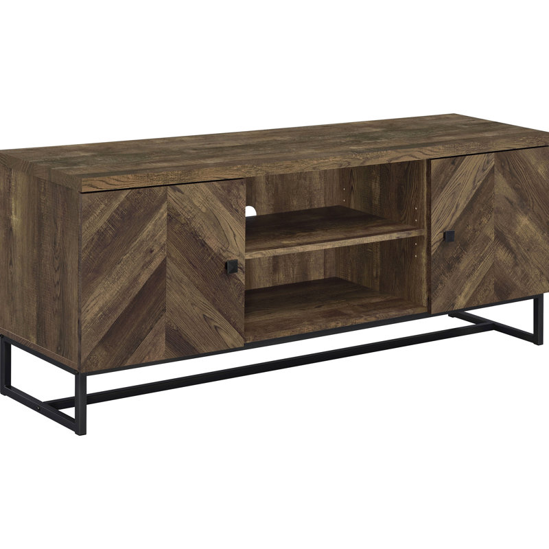 Contemporary Tv Stand In Rustic Oak With Pattern And Sled Trestle For Homes 2-Door Industrial Legs Functional Shelving Living Areas