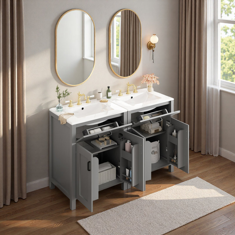Meuble-lavabo moderne de 48 pouces avec lavabo en céramique, portes à fermeture en douceur, tiroir rabattable, tablettes de porte à double couche