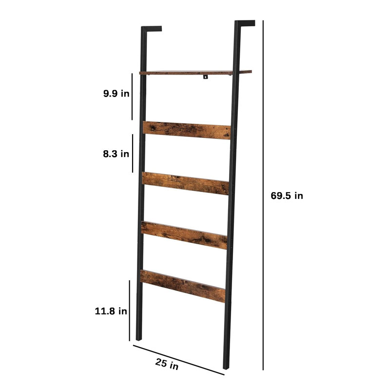 Versatile Industrial Rustic Brown Wall-Leaning Blanket Ladder with Storage Shelf