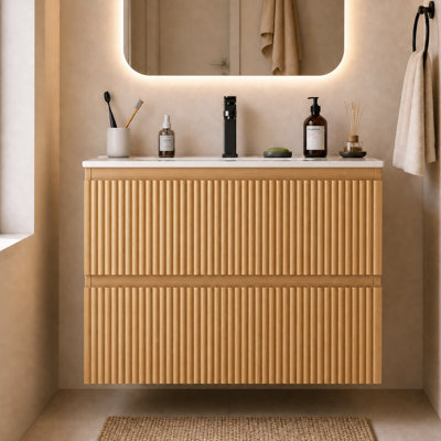 Meuble-lavabo suspendu naturel de 61 cm (24 po) avec lavabo en céramique, meuble-lavabo mural moderne cannelé avec 2 tiroirs à fermeture douce pour salle d'eau