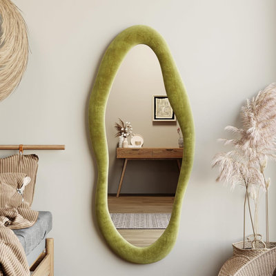 55" X 24" Wavy Mirror, Flannel Wrapped Wooden Frame, Irregular Hanging For Cloakroom/Bedroom/Living Room, Green