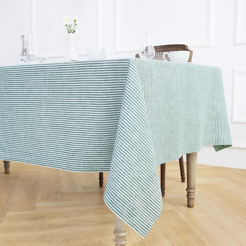 Narrow Stripe - 100% Pure Linen Tablecloth, 144" L x 60" W, Rainforest/White, Narrow Stripe