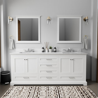 Base de meuble-lavabo double 80 po - Bois - 1 pièce - Autoportant - Blanc - Portes à fermeture douce et 6 tiroirs