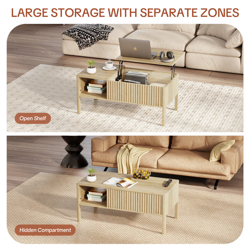 37.5"W Lift Top Coffee Table with Storage Hydraulic Lift Large Capacity, Natural