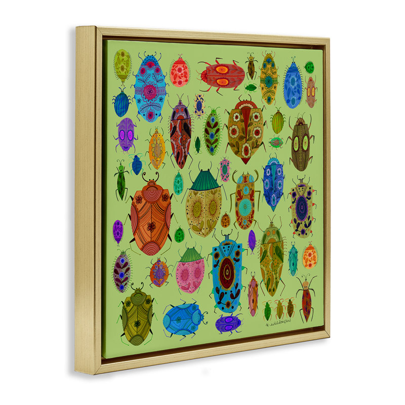 Cadre flottant avec insectes et fleurs, design par Kay Widdowson, H 25 po x l 25 po, Cadre flottant métallique doré