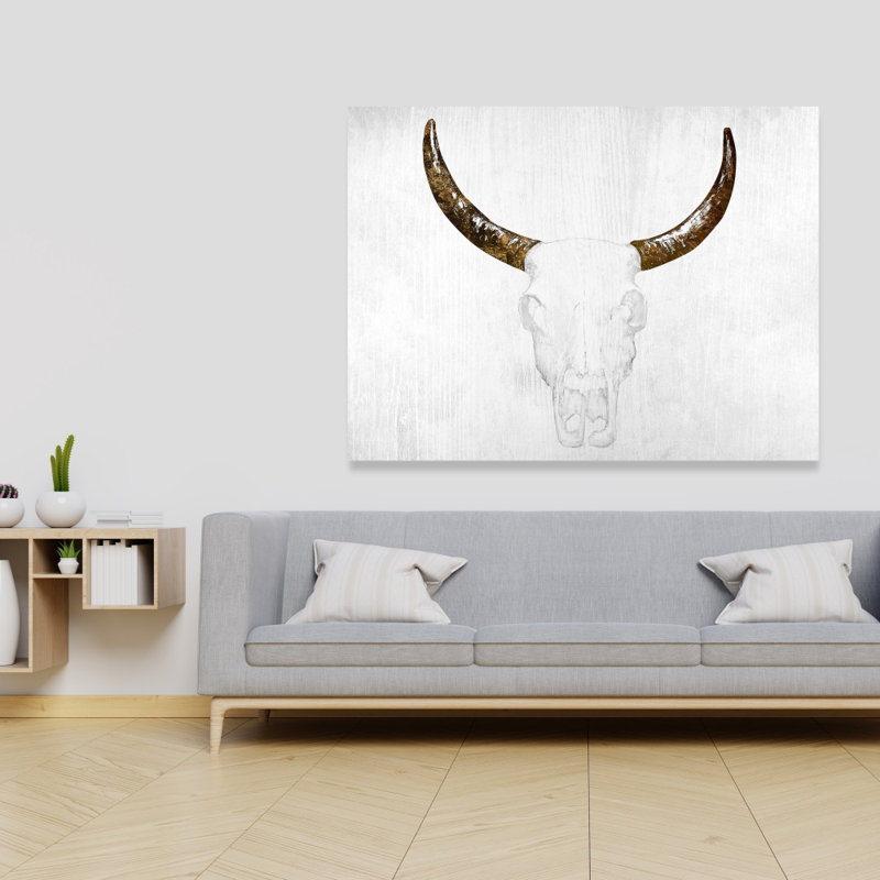Bull Skull with Brown Horns - Rustic Farm Canvas Decor