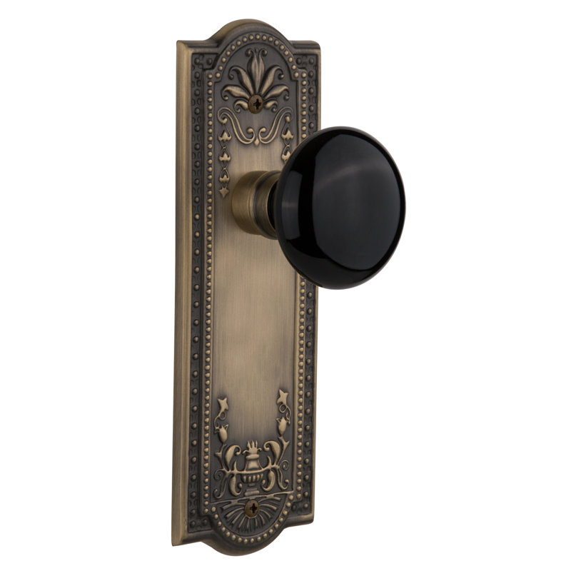 Meadows Plate with Black Porcelain Door Knob, Antique Brass