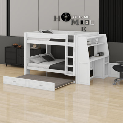 Structure de lit superposé en bois robuste avec bureau, tablettes et lit gigogne