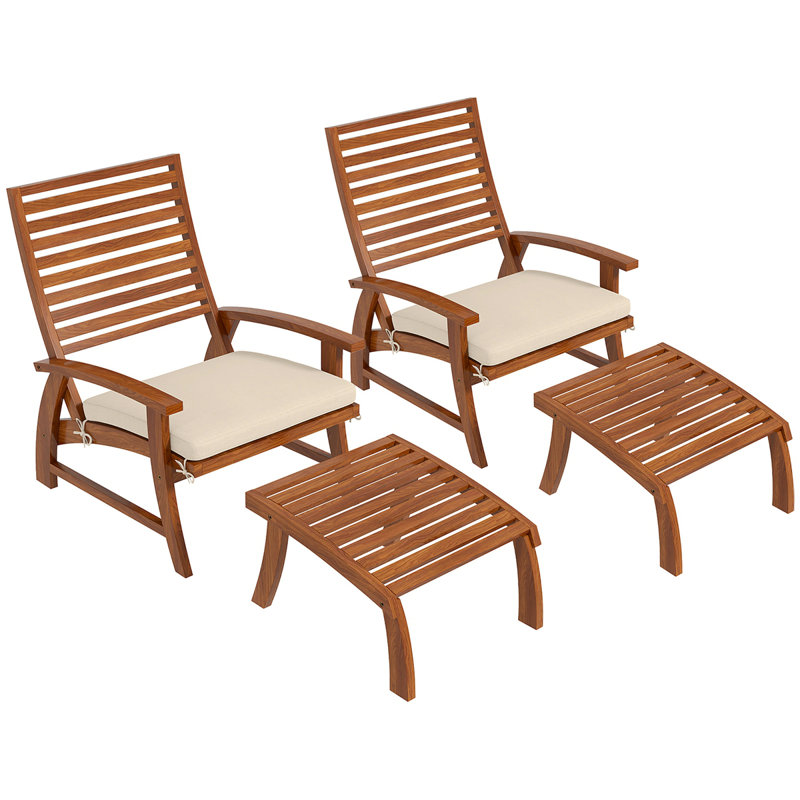 Ensemble de 4 chaises de patio avec coussin Outsunny, ensemble de 4 chaises de salle à manger d'extérieur, siège en bois d'acacia avec repose-pieds, siège et dossier à lattes, accoudoirs, blanc crème