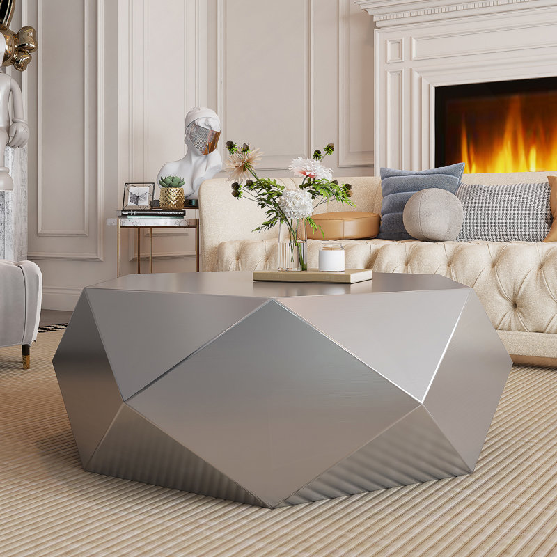 Table basse moderne en acier inoxydable, table de bout géométrique pour le salon, sans assemblage, Silver