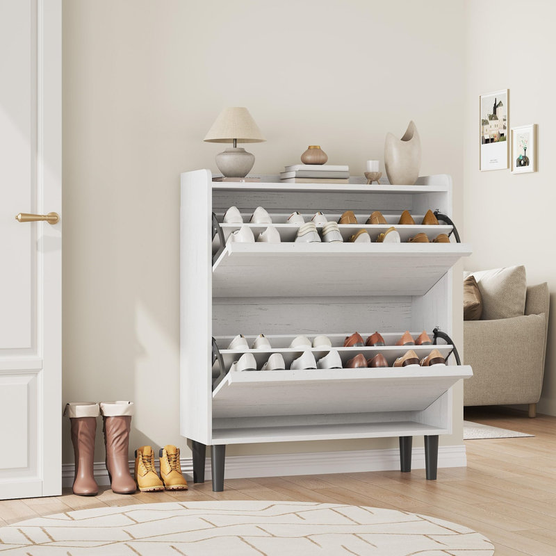 Slim Shoe Storage Cabinet with 2 Flip-Down Drawers, Adjustable Shelves & Wooden Handle, Entryway Organizer with Anti-Tip Kit, White