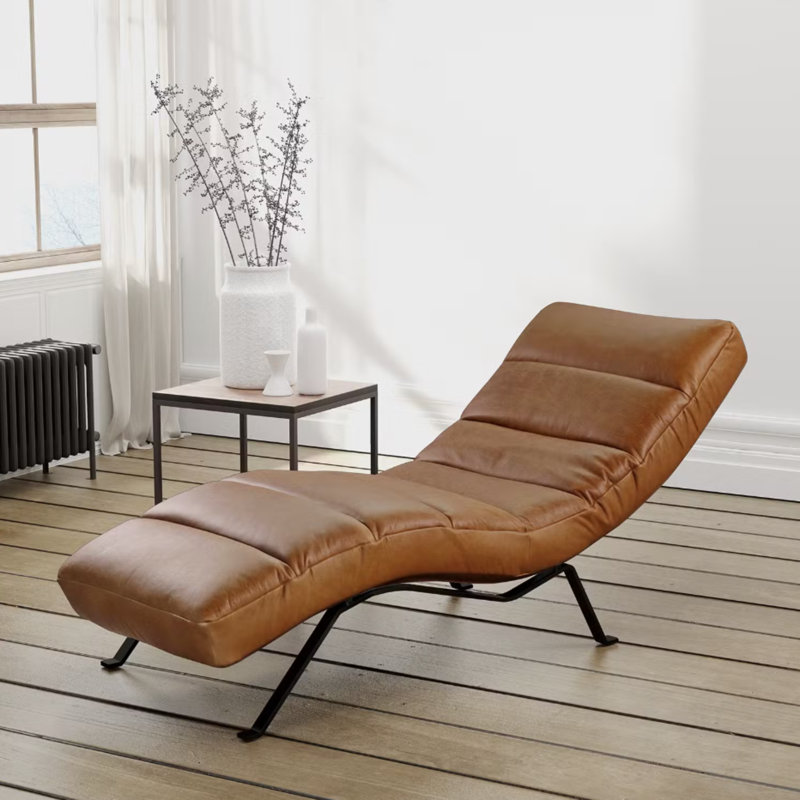 Texas Chaise Lounge in Aniline-Leather with Adjustable Backrest, Light Brown, Black