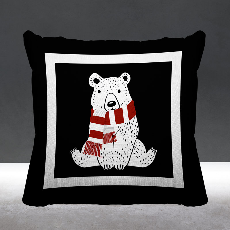 Coussin intérieur / extérieur Folk Christmas Bear, L 17 po x H 17 po, Noir