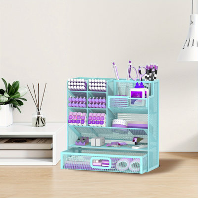 Desktop Organizer With Drawer, Multifunctional Mesh Pen Holders And Desk Accessories For Office And Art Supplies