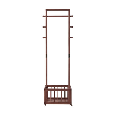 Solid Pine Freestanding Coat Rack with Rolling Wheels and Storage Basket, Walnut Finish Garment Stand with Side Hooks for Entryway and Bedroom