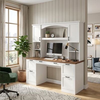 Farmhouse Computer Desk with Hutch,Wall Unit Desk With Charging Station & Keyboard Tray