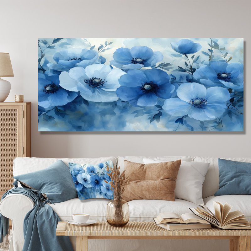 Art floral mural bleu en cascade de coquelicots III - Coquelicots, H 28 po x l 60 po