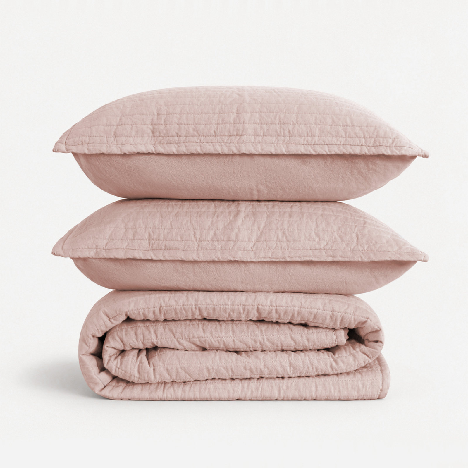 100% French Linen Channel Quilted Breathable Quilt Set With Shams, Queen Quilt + 2 Standard Shams, Misty Rose