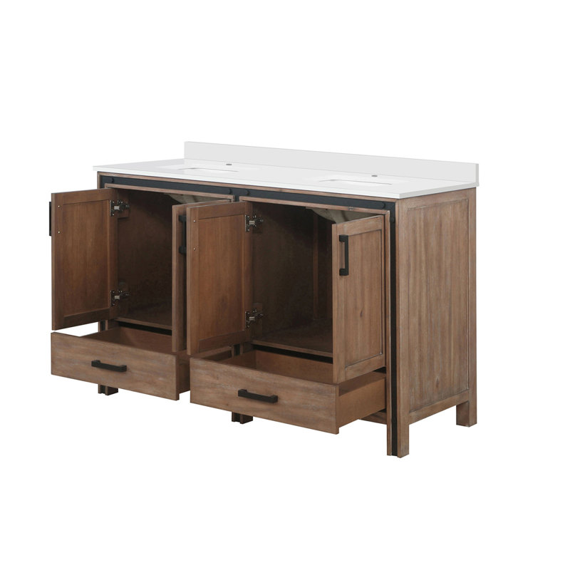 Meuble-lavabo double avec comptoir en quartz blanc, Bois de grange