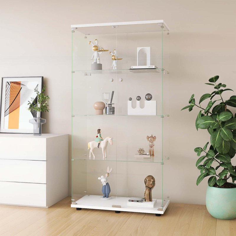 Vitrine à deux portes et quatre étagères, bibliothèque sur pied élégante et fonctionnelle pour le rangement dans les salons, les chambres et les bureaux, blanche