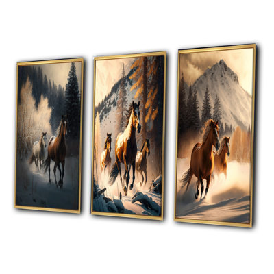 «Wild Horses Galoping Winter Scene IV», 3 pièces sur toile