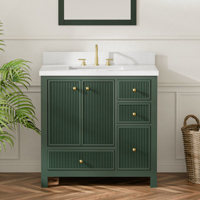 Meuble-lavabo autoportant de 36 po avec lavabo, armoire en bois d'hévéa massif et contreplaqué, portes à panneaux cannelés, comptoir en pierre d'ingénierie, lavabo rectangulaire encastré en porcelaine, tiroirs et portes à fermeture en douceur