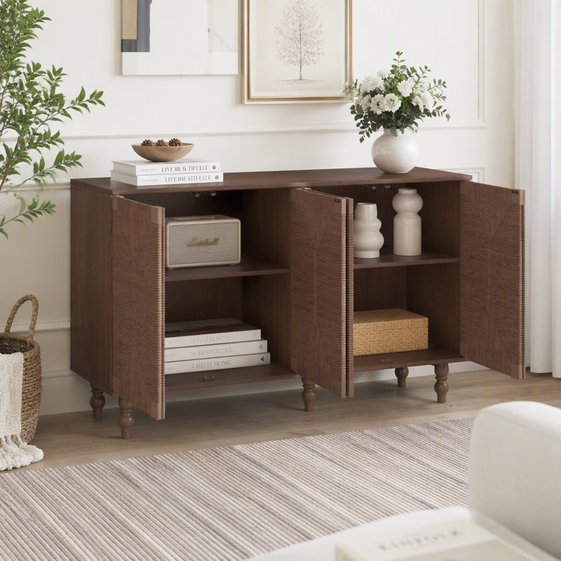 Buffet naturel avec portes en rotin faites à la main, Brun