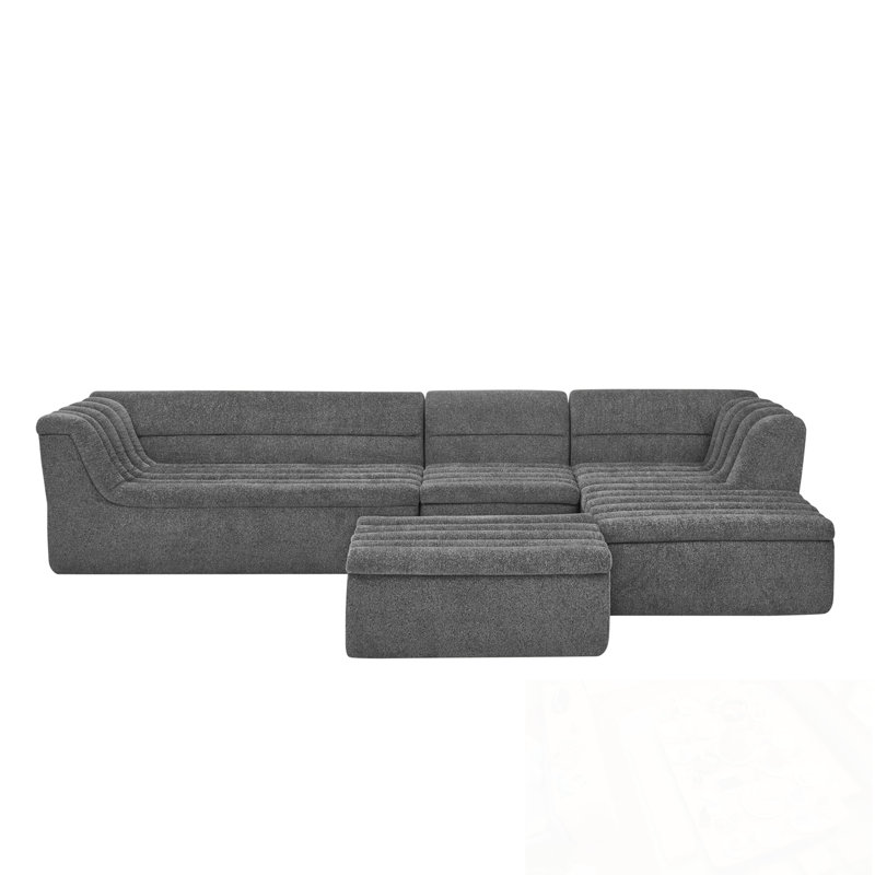 U-Shaped Modular Sectional Sofa with Wave-Shaped Armrest and Movable Ottoman, Dark Grey