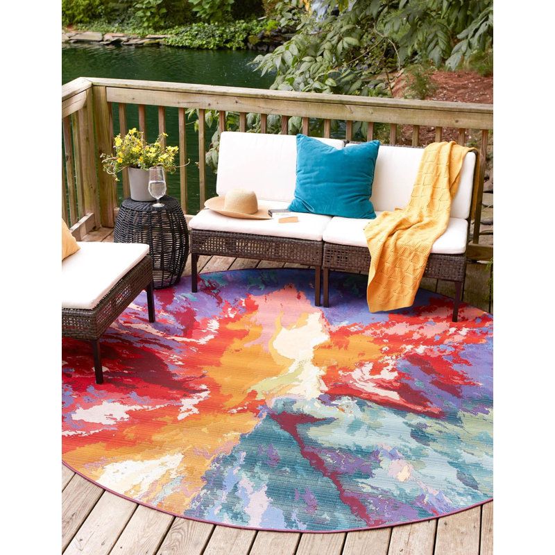 Azaleea Power Loomed Polypropylene Indoor/Outdoor Area Rug in Blue/Red/Orange, Rond 7 pi 1 po