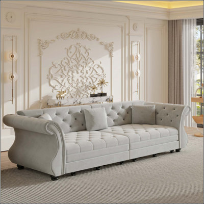 Très grand canapé-lit Chesterfield escamotable, canapé en velours à accoudoirs roulés classique avec capitonnage à fleurs, revêtement pour salon / chambre à coucher / appartement, lumière