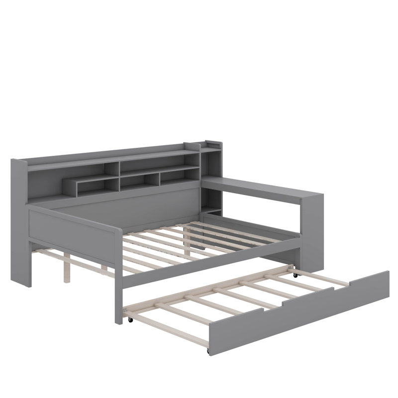 Lit de jour en bois avec tablettes de rangement, lit multifonctionnel avec deux tiroirs de rangement et bureau d'étude