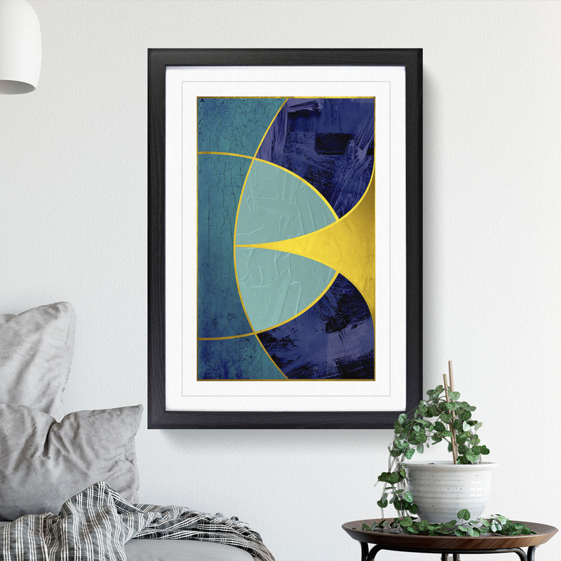 Sweeping Forms Blue Gold - Picture Frame Graphic Art, 65cm H x 48cm W x 2cm D, Black Framed