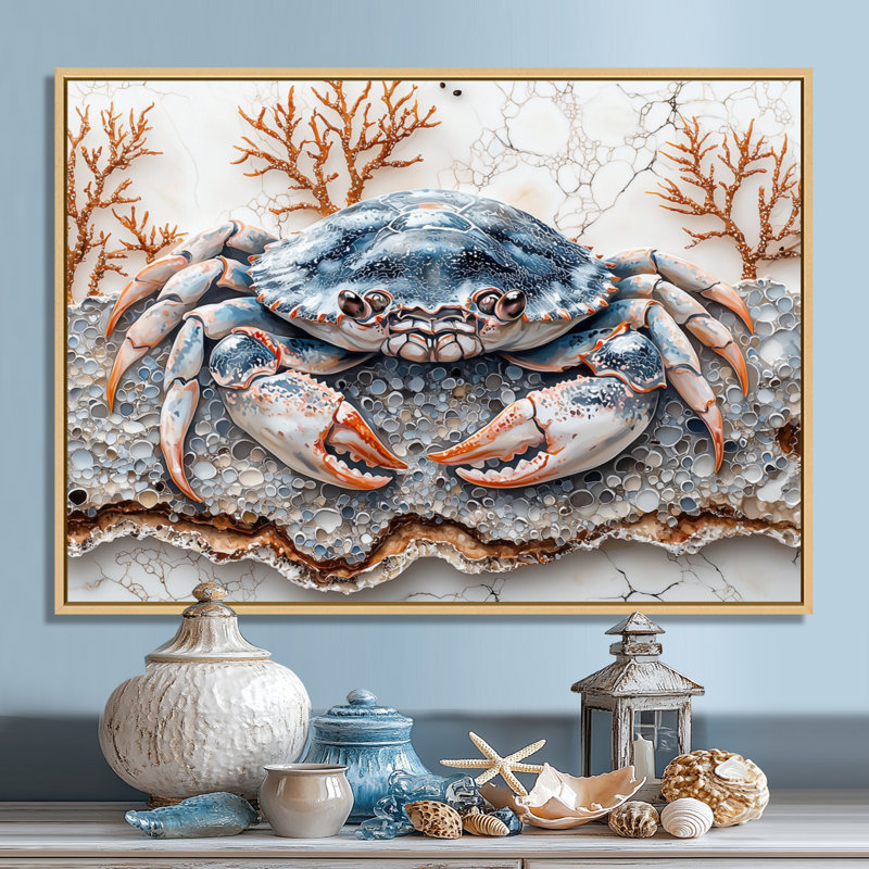 Aquarium bleu et blanc avec grand crabe II - crabe, art mural encadré, H 16 po x l 32 po, Cadre flottant, Crème, crème
