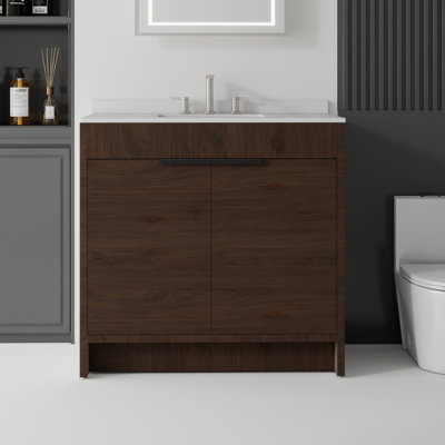 Meuble-lavabo de 91 cm (36 po) avec lavabo en céramique, comptoir et dosseret en marbre reconstitué, armoire autoportante en contreplaqué, 2 portes à fermeture amortie, brun