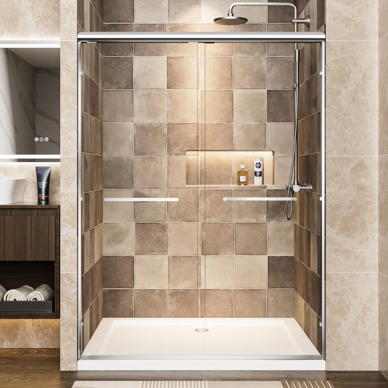Aluminum Frame 54" Wide And 72" High Double Sliding Shower Door With Clear Tempered Glass, - Proof Film, Corrosion Handles, Waterproof For Bathroom Use W X H 1/4" Reversible Installation, Waterproof,
