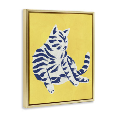 Chat brillant unique sur cadre flottant jaune, design par June Erica Vess
